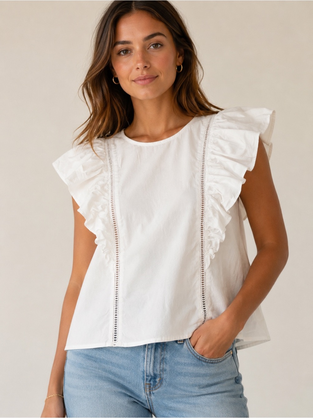 Painted Threads White Ruffle-Trim Cotton Blouse